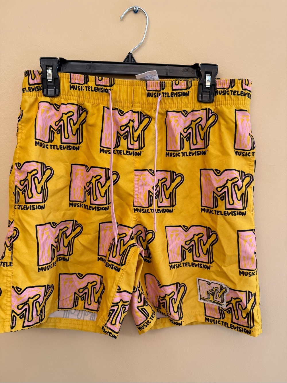 MTV Yellow Swim Trunks with Pink Logo Print